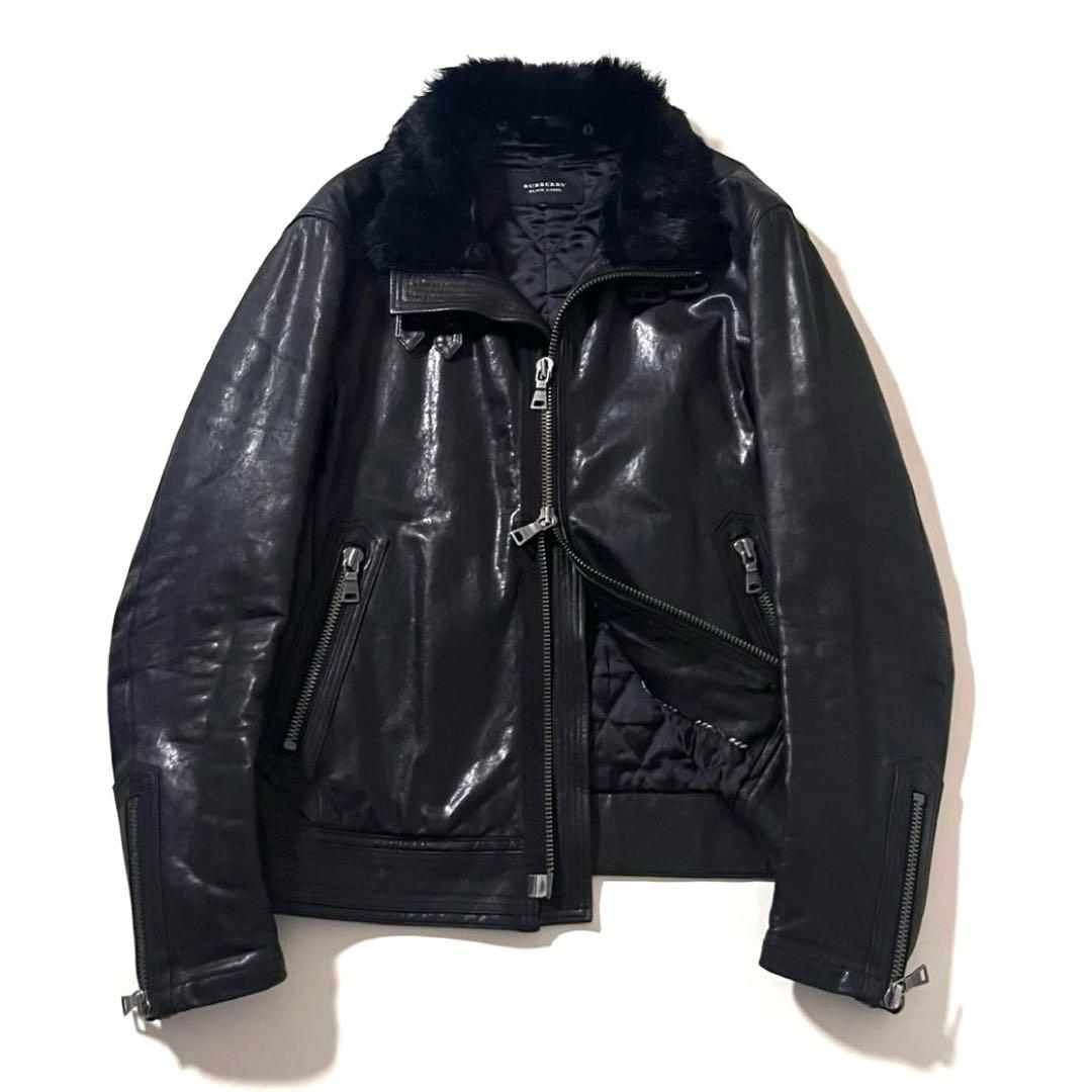 【良品】バーバリーブラックレーベル　ラムレザージャケット　LL　着脱ファー　羊革