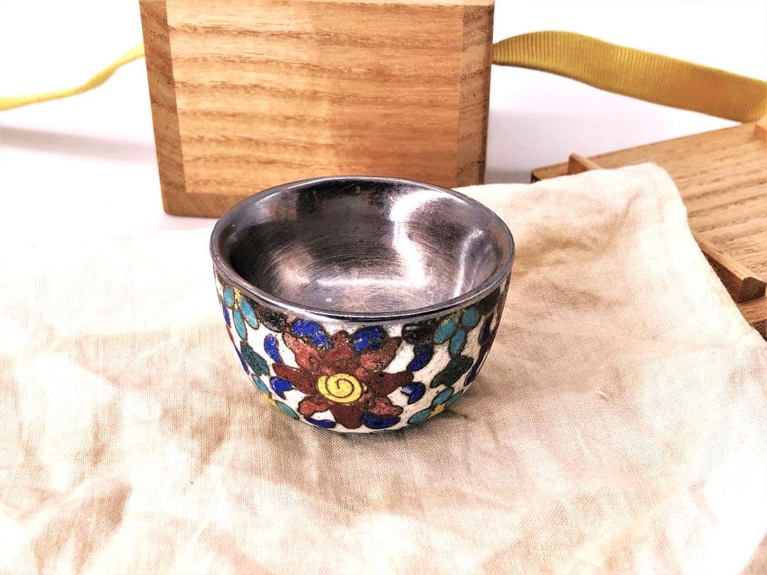 【 銀七宝盃 】　中華古玩　骨董　清～民国　養生桐箱付