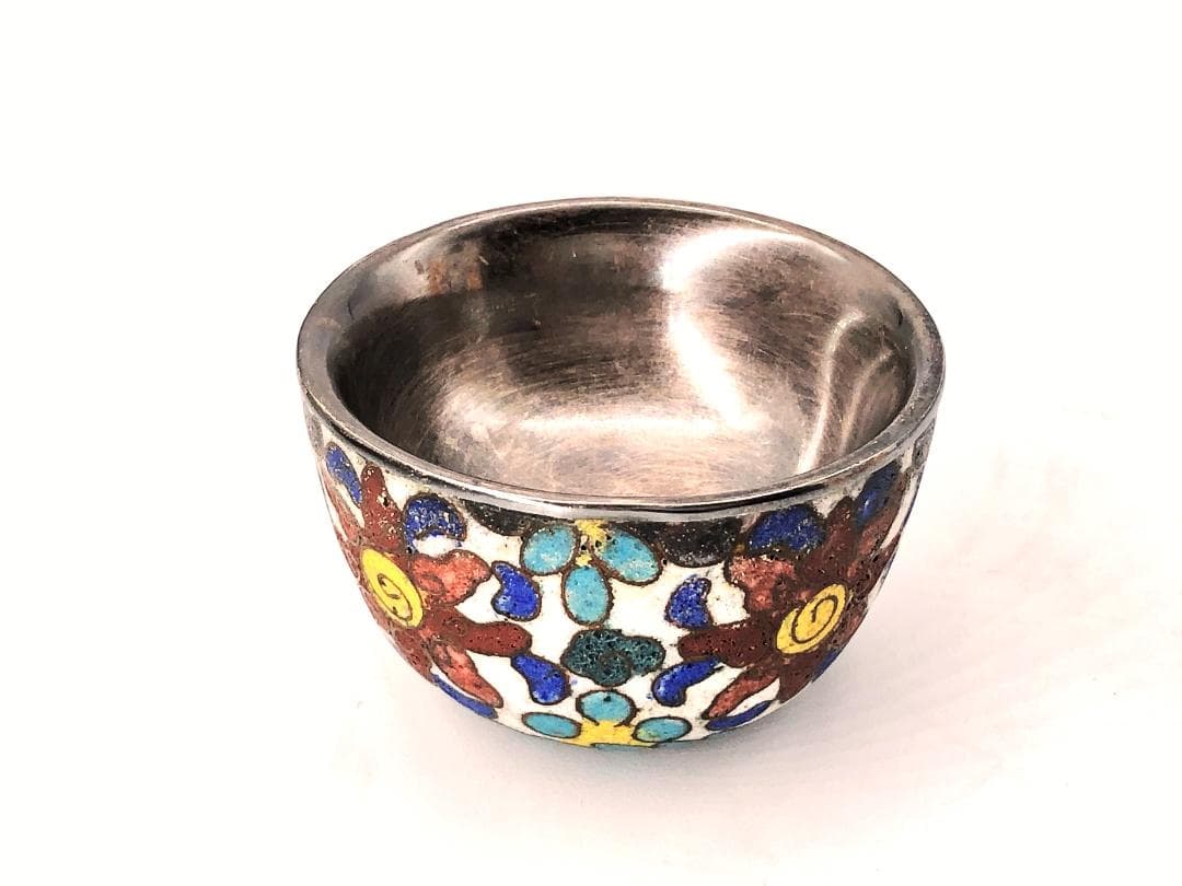 【 銀七宝盃 】　中華古玩　骨董　清～民国　養生桐箱付