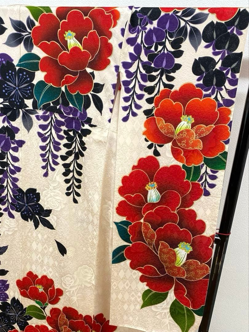 振袖 豪華 銀通し 刺繍 金彩 椿 大輪 身丈173cm パールトーン加工済