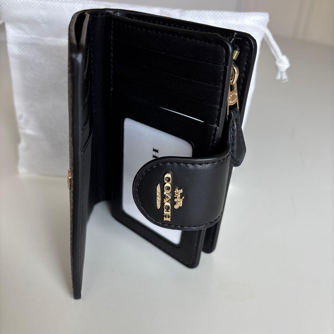 【新品未使用】保存袋付COACHコーチ二つ折り財布 シグネチャー ダークブラウン