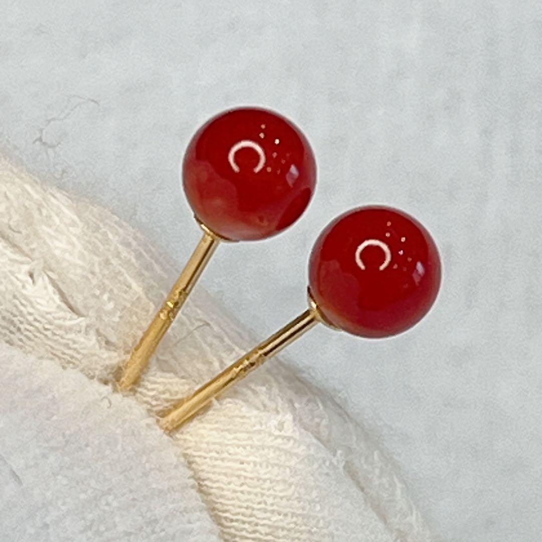 本赤 珊瑚　日本高知県産　K18YG ピアス 4.7mm アクセサリー