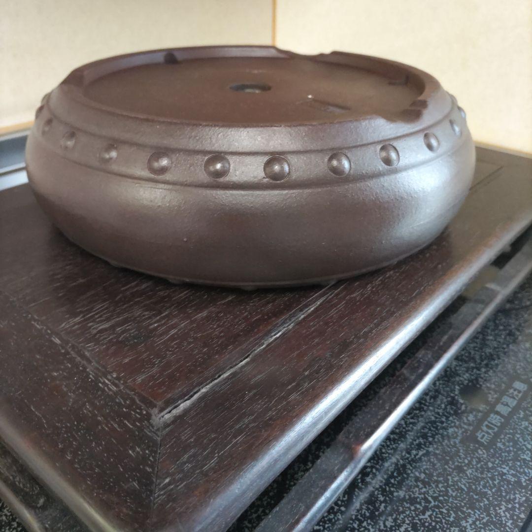 盆栽鉢、植木鉢、 時代鉢、 山秋 落款 、紫泥 、太鼓胴丸鉢、杭打ち鉢