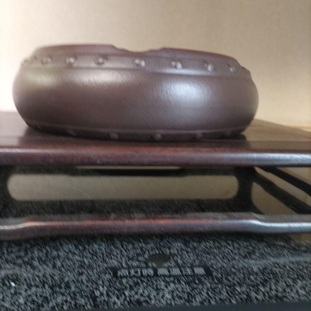 盆栽鉢、植木鉢、 時代鉢、 山秋 落款 、紫泥 、太鼓胴丸鉢、杭打ち鉢