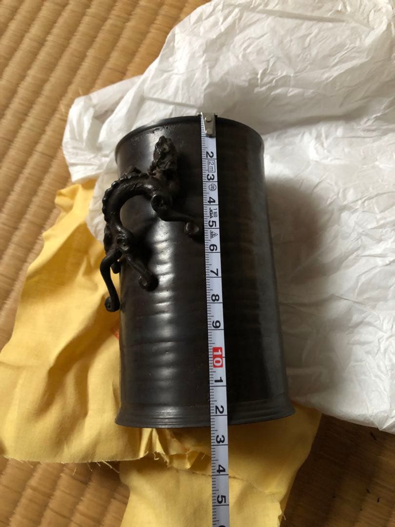 鋳銅　雨龍紋　筆筒　須賀月真氏作　共箱入