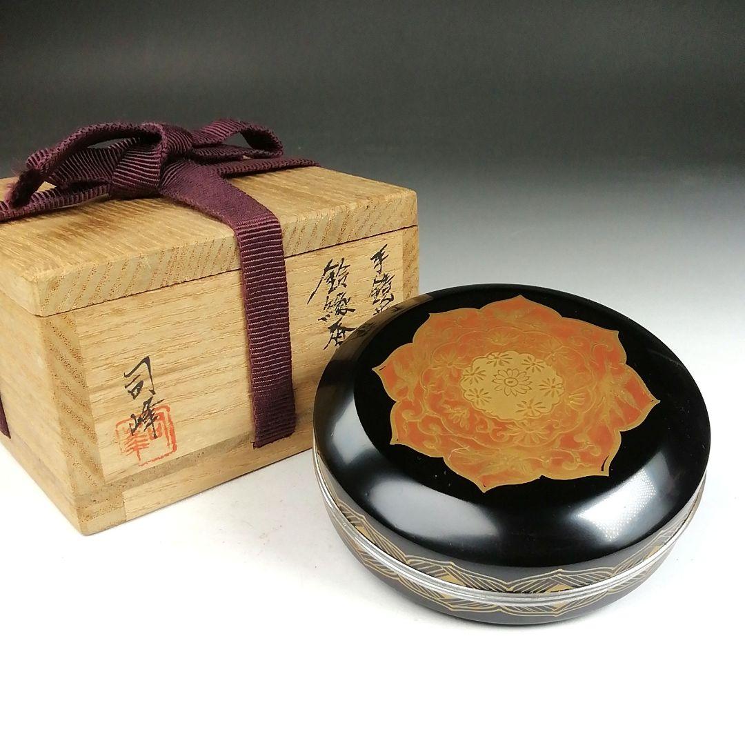 Ｔ８３６　香合　『手鏡蒔絵』『錫縁香合』『新井司峰 作』　共箱　茶道具