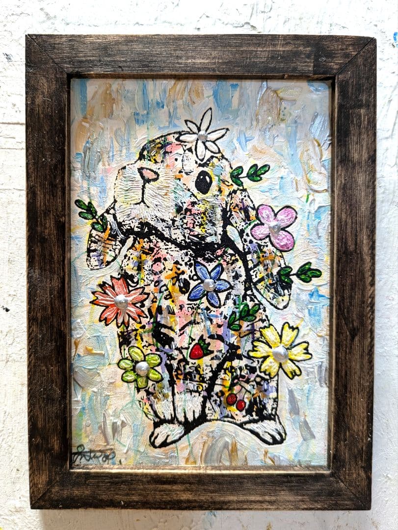 手作り額付き作品　title「静かなる月下の夢ウサギ」