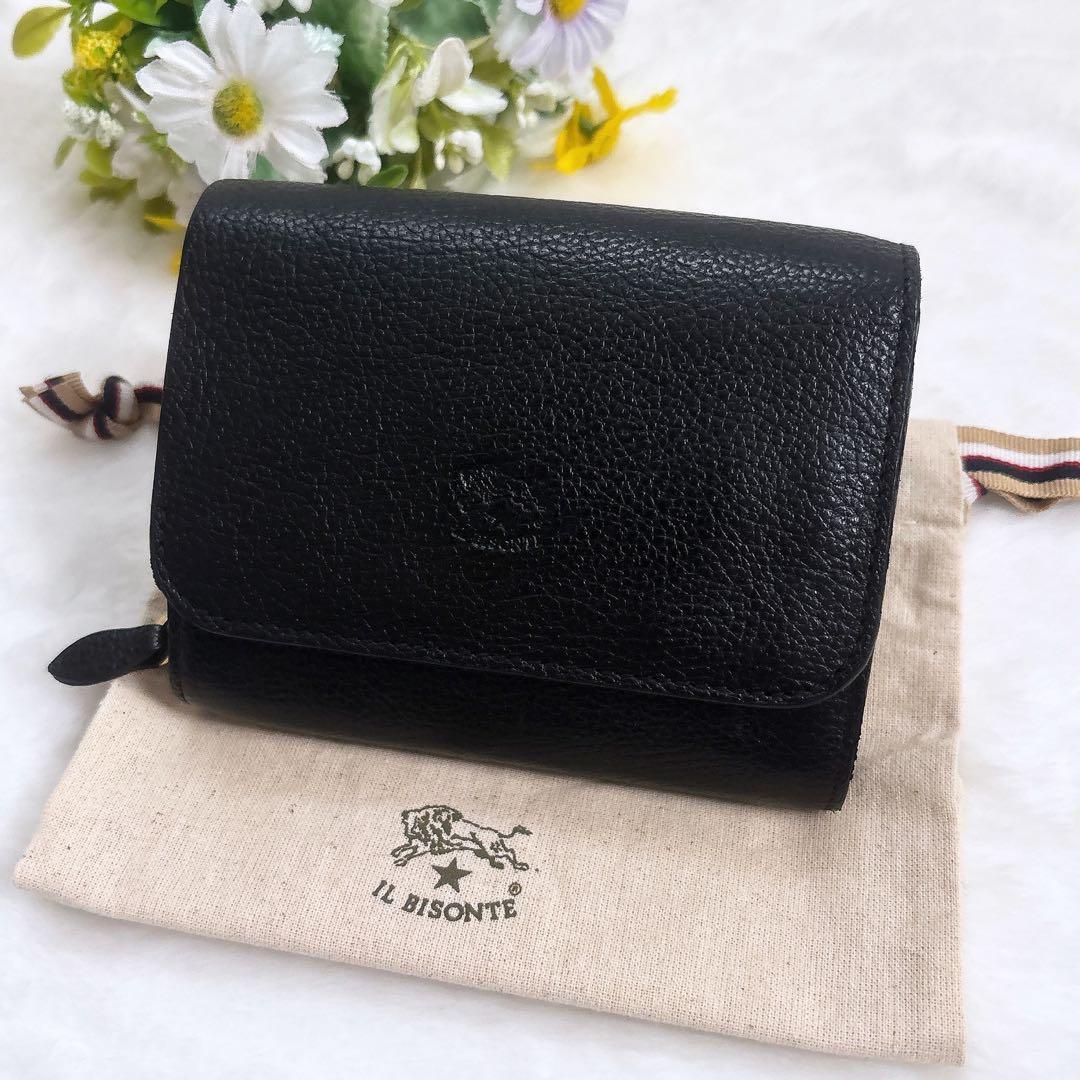IL BISONTE シュリンクレザー 二つ折り財布 ロゴ刻印 フラップ 黒
