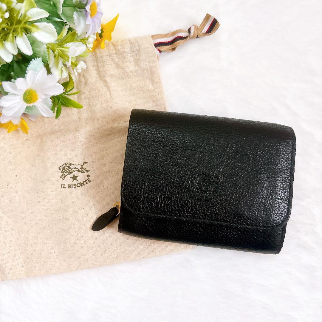 IL BISONTE シュリンクレザー 二つ折り財布 ロゴ刻印 フラップ 黒