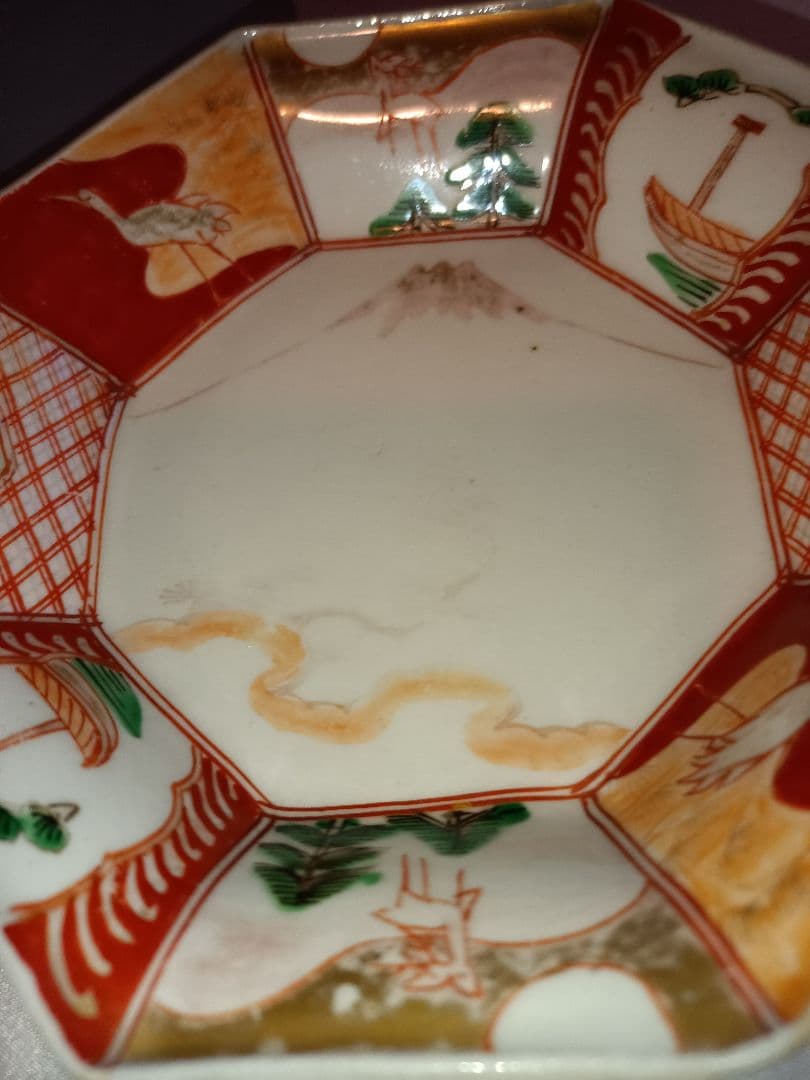 小伊万里焼　八角鉢　江戸時代後期　鶴亀　松竹梅　富士の図　吉祥文