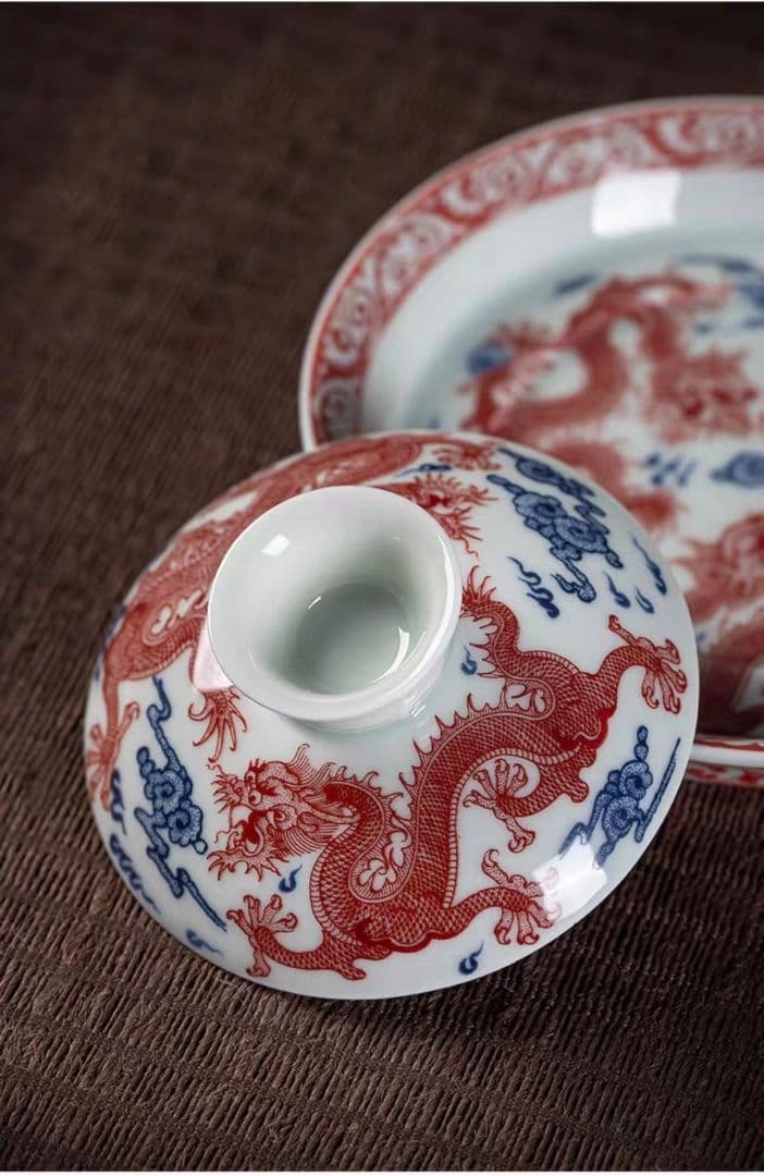 中国茶器 景徳鎮 九龍馬蹄三才蓋碗 茶杯 新品未使用