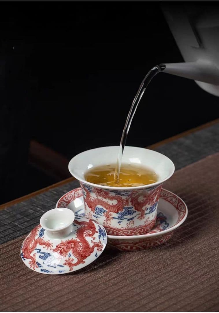 中国茶器 景徳鎮 九龍馬蹄三才蓋碗 茶杯 新品未使用