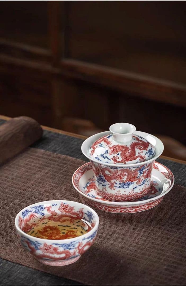 中国茶器 景徳鎮 九龍馬蹄三才蓋碗 茶杯 新品未使用