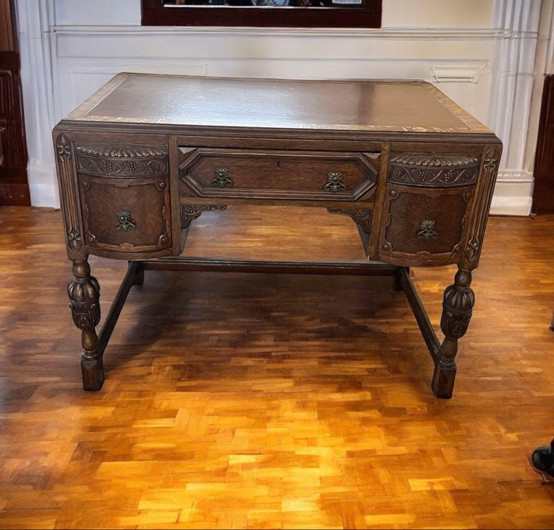 英国 アンティーク家具 デスク オーク 大型 真鍮 レザー張り