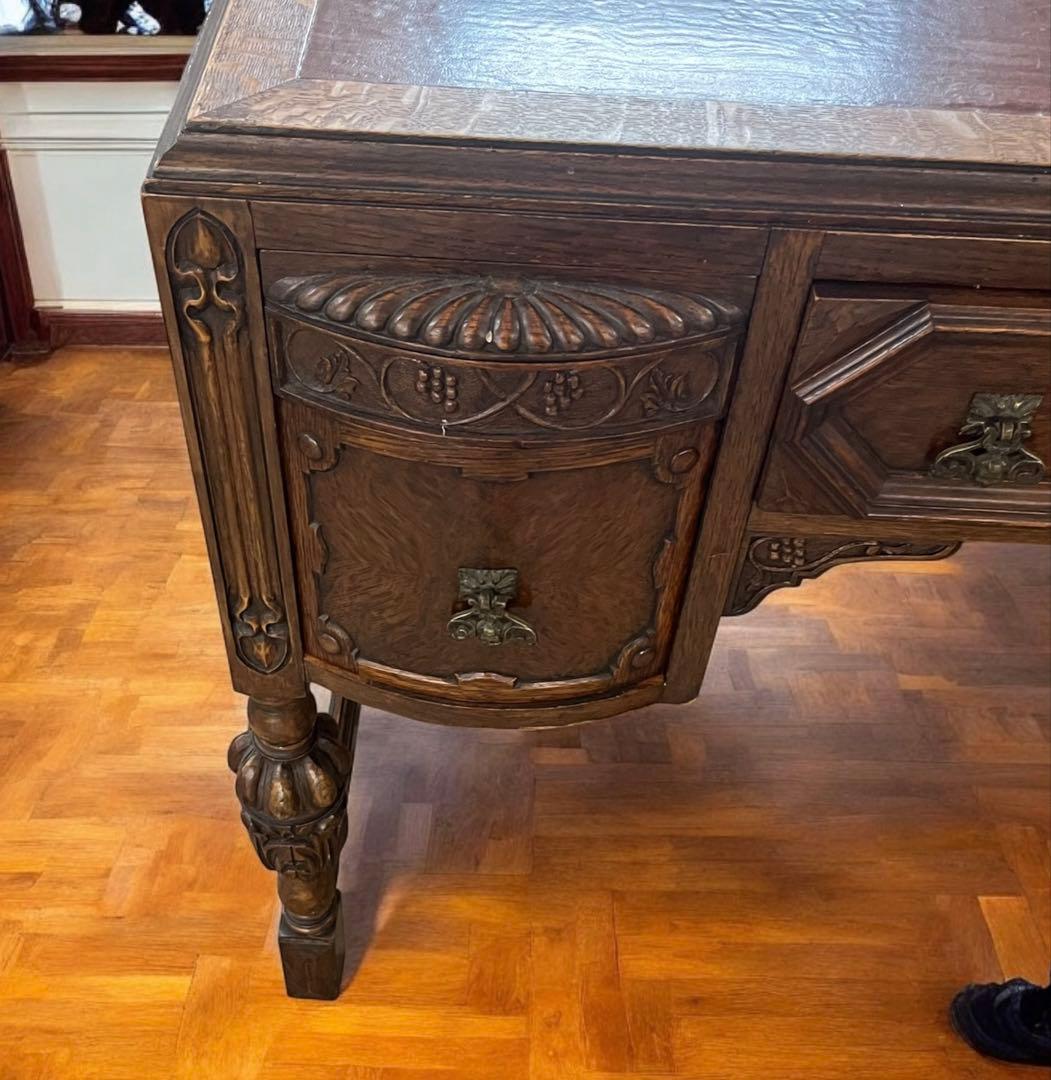 英国 アンティーク家具 デスク オーク 大型 真鍮 レザー張り