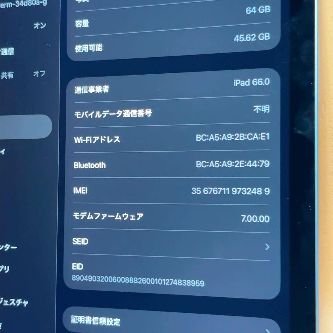 SIMフリー 本体 iPad Air 4 64 GB 044 ブルー 電池良好