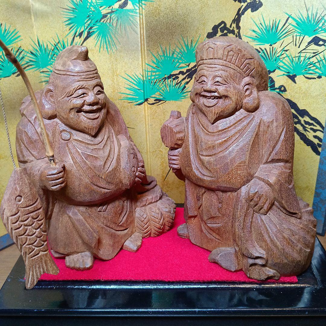 骨董品　恵比寿:大黒　木彫り置物　屏風&台座付き　希少セット