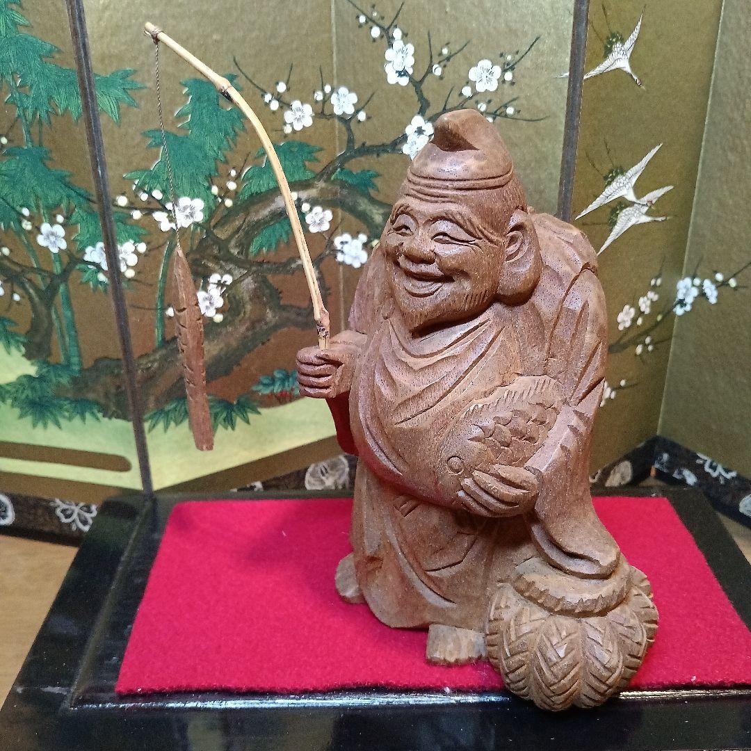 骨董品　恵比寿:大黒　木彫り置物　屏風&台座付き　希少セット