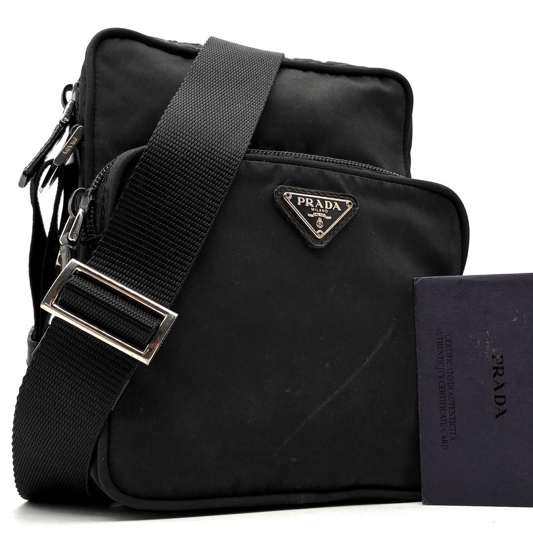 正規品 プラダ ショルダーバッグ 三角ロゴ 白タグ 斜め掛け ユニセックス 黒