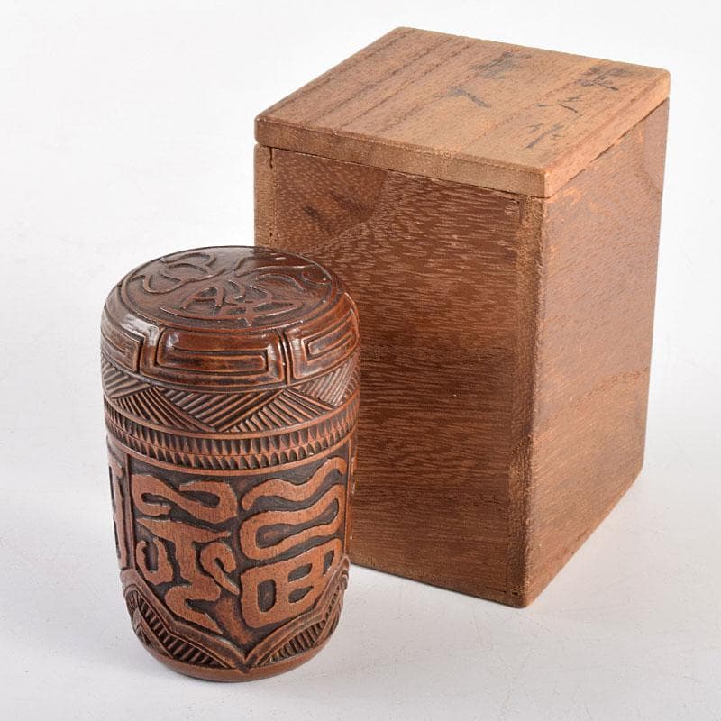 茶道具　黄楊木　木彫　茶入　在銘　時代箱付　M　R4891