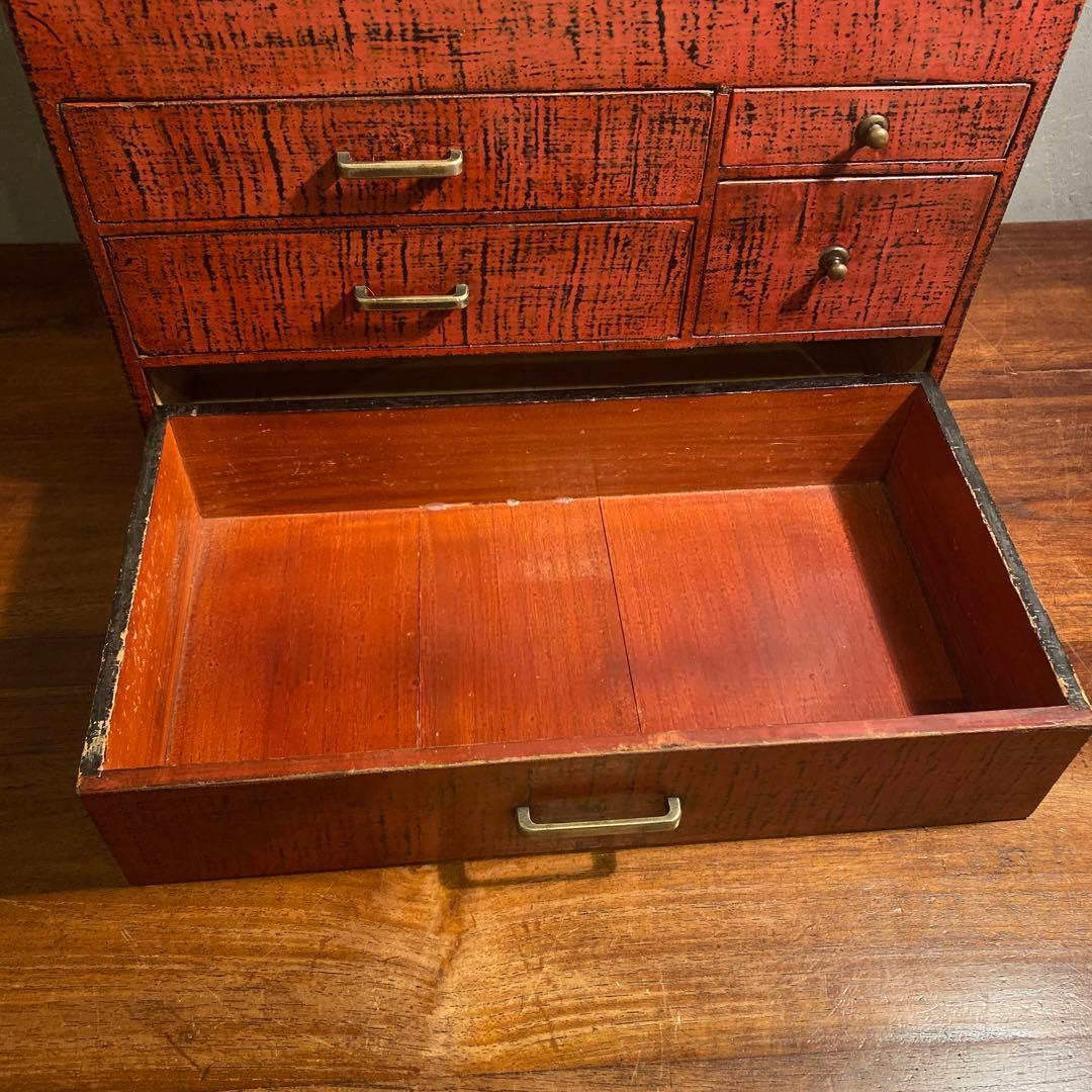 昭和レトロ 漆塗り針箱 小引き出し 裁縫箱 五杯 絣 漆芸 骨董品 古道具
