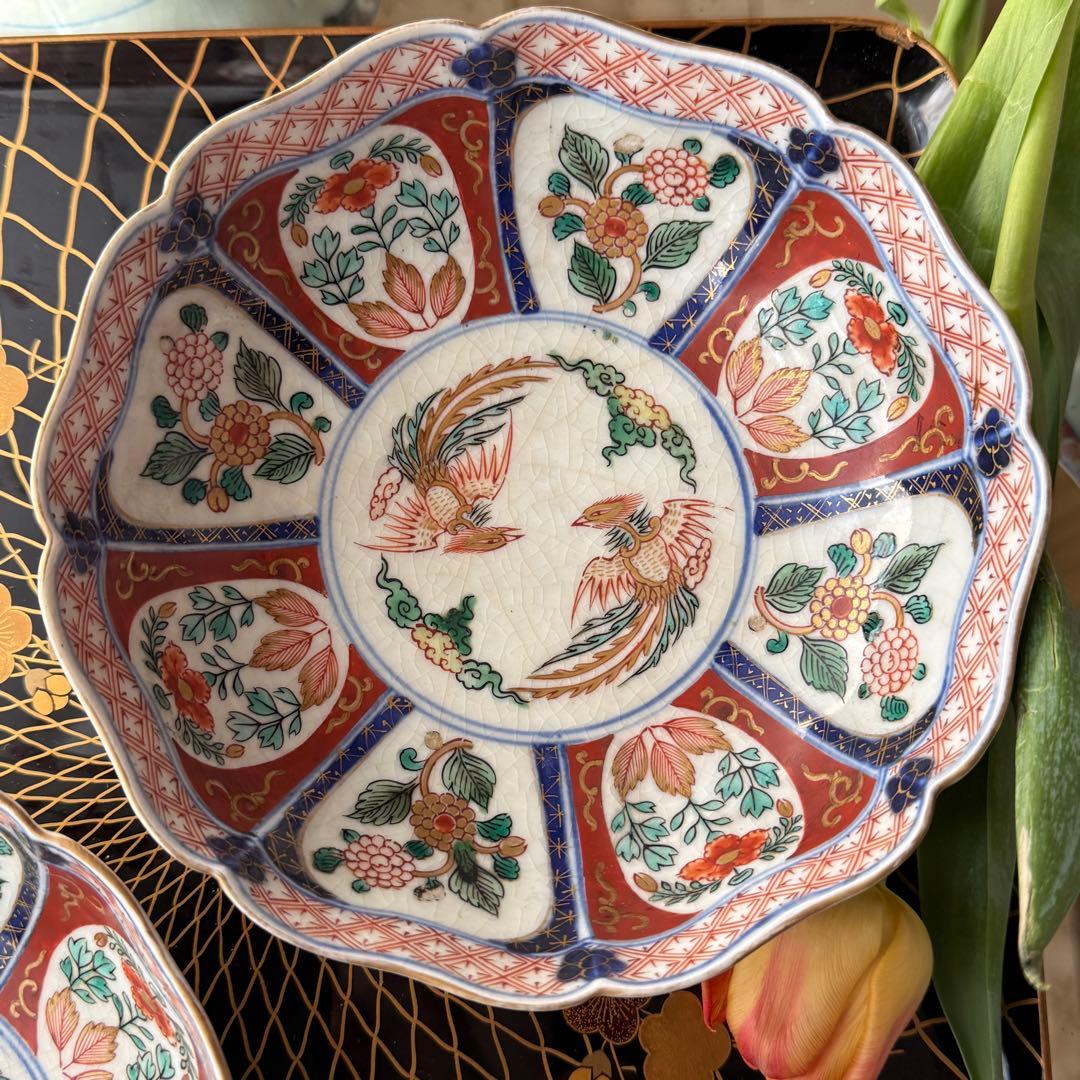 2189様感謝‼️節目に明治上手柿右衛門手『桐花鳳凰文様』切支丹皿松梅桐菊5客