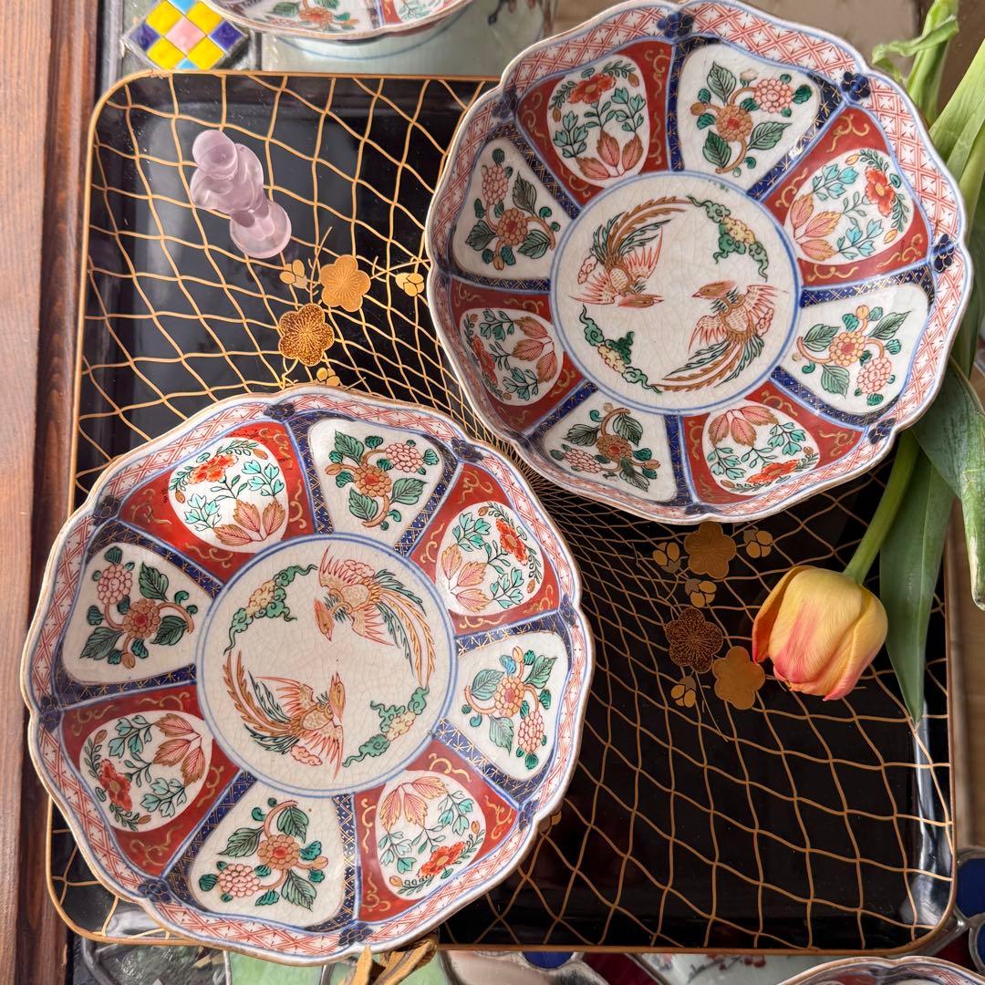 2189様感謝‼️節目に明治上手柿右衛門手『桐花鳳凰文様』切支丹皿松梅桐菊5客