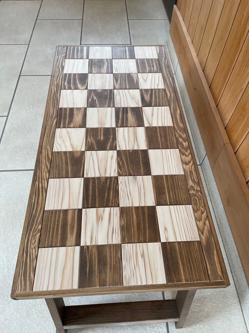 木製折りたたみテーブル チェック柄