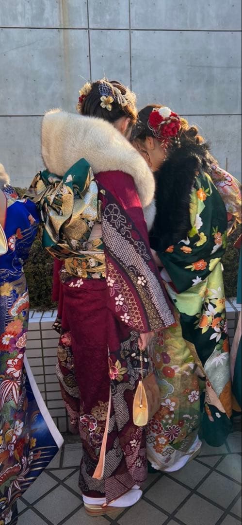 振袖 紫花柄 金緑色帯