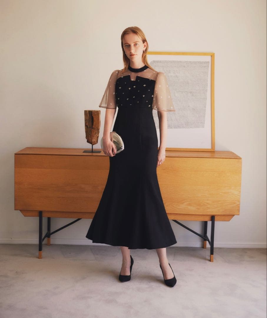 LEJA花柄ストーンスパンコールチュールオーバーラップマーメイドワンピースドレス