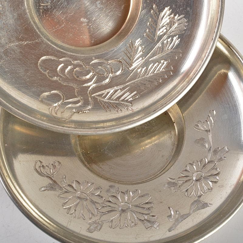 煎茶道具　古錫　錫仙製　彫金四君子刻絵変　茶托　五客　約341g　V　R5497