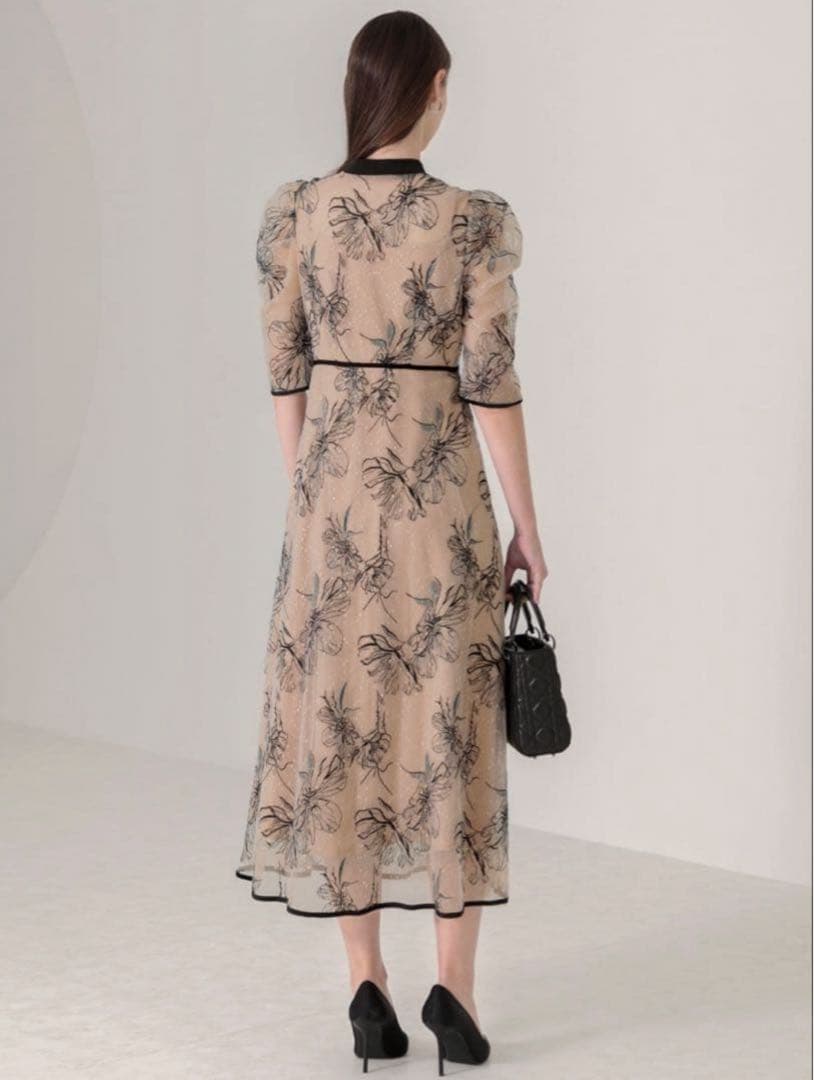 配色パイピングプチハイネック花柄刺繍ラメレースロング丈ドレスワンピース Leja