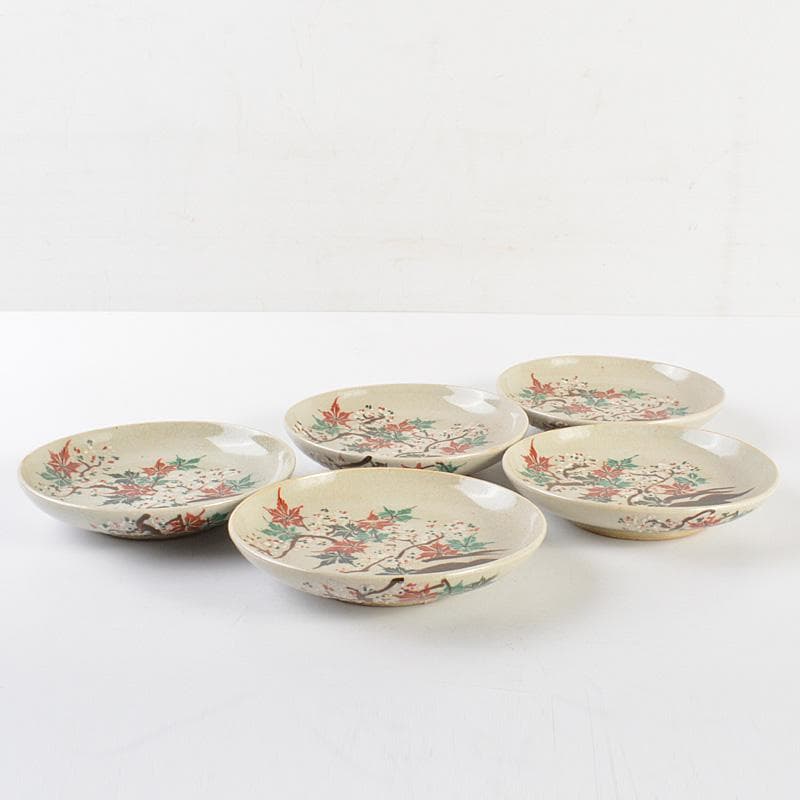 犬山焼　雲綿　紅葉文　手塩皿　小皿　5客　桐箱　M　R7398