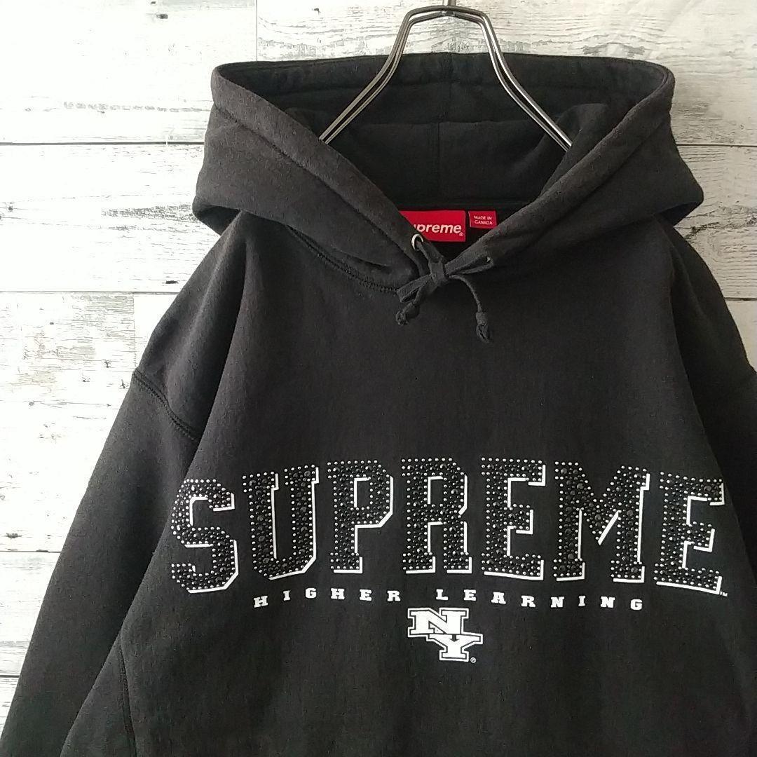 希少サイズ☆シュプリーム センターロゴ ラインストーンロゴ パーカー 黒 XL