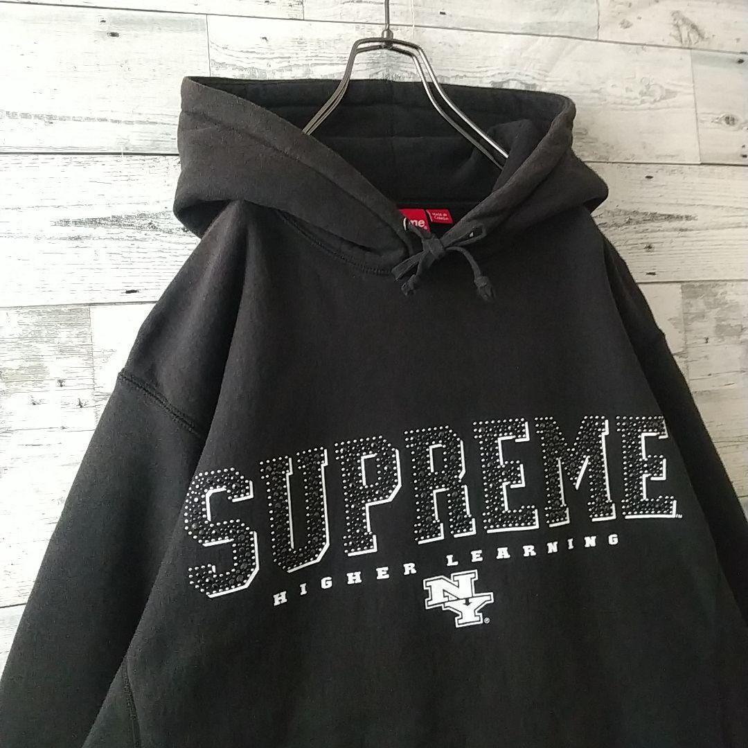 希少サイズ☆シュプリーム センターロゴ ラインストーンロゴ パーカー 黒 XL