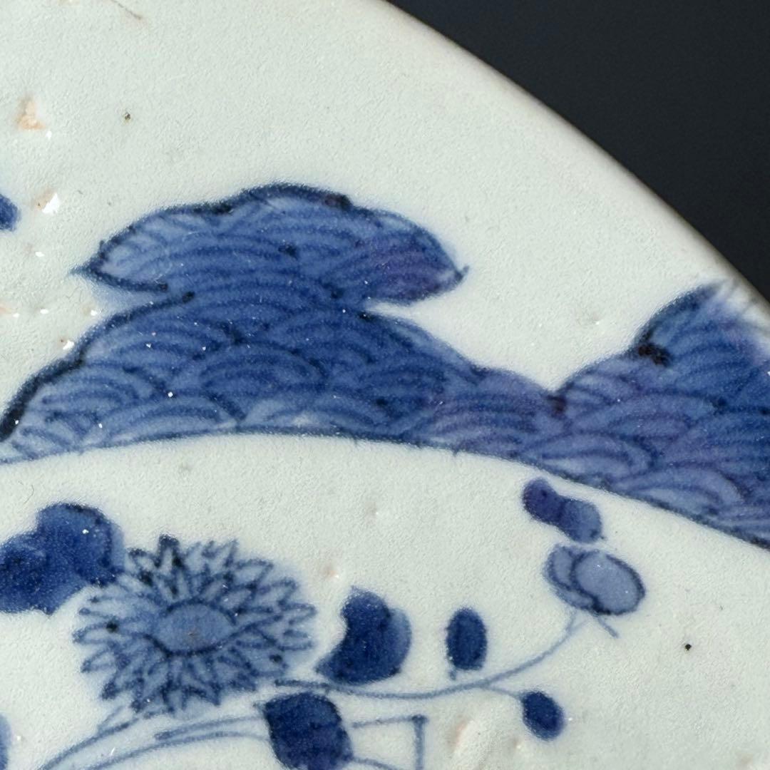 江戸中期　染付扇子文七寸皿　青海波　裏唐草文　コレクター放出品　状態◎ 寛政元禄