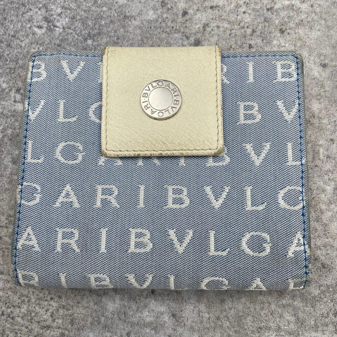 【微美品】BVLGARI ブルガリ 折り財布 総柄 ブルー レザー キャンバス
