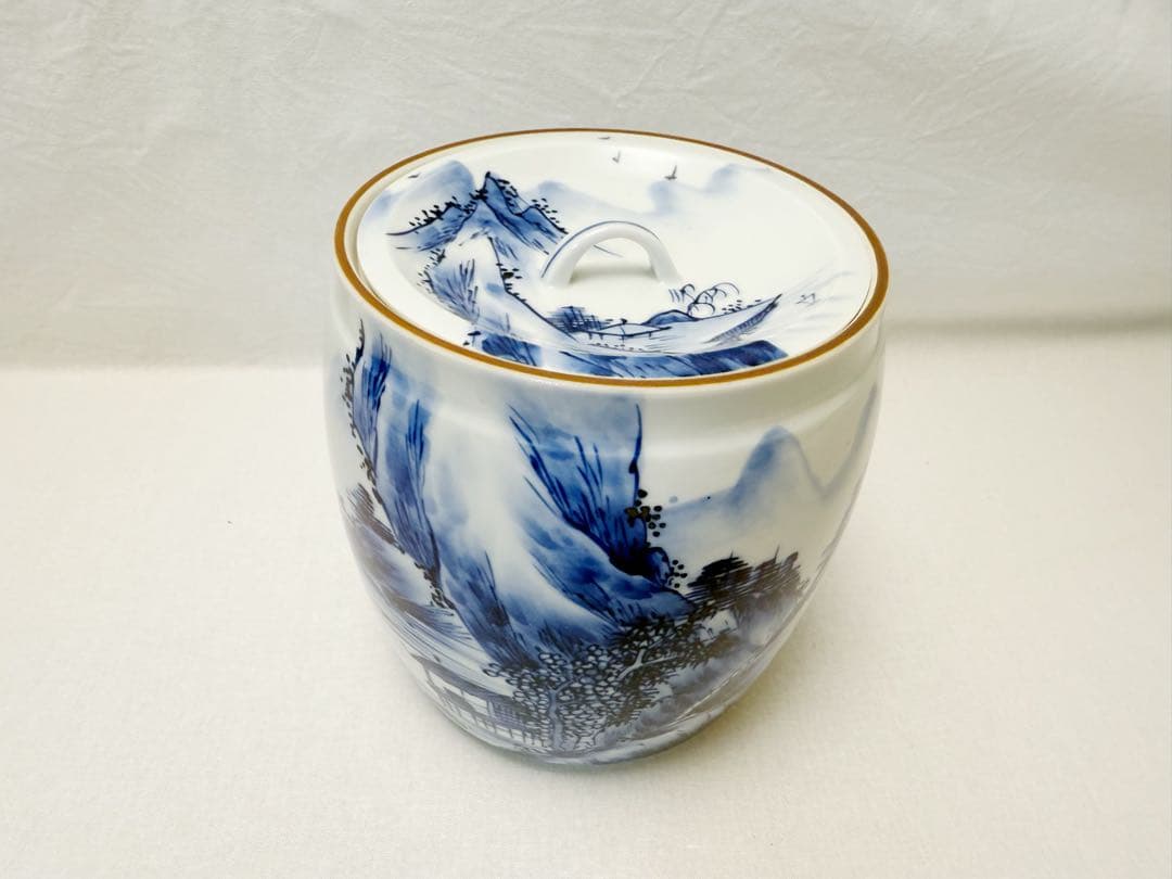 ほぼ未使用 茶道具 平安 祥雲作 溜塗 水指棚 紹鴎 染付水指 2点セット 共箱