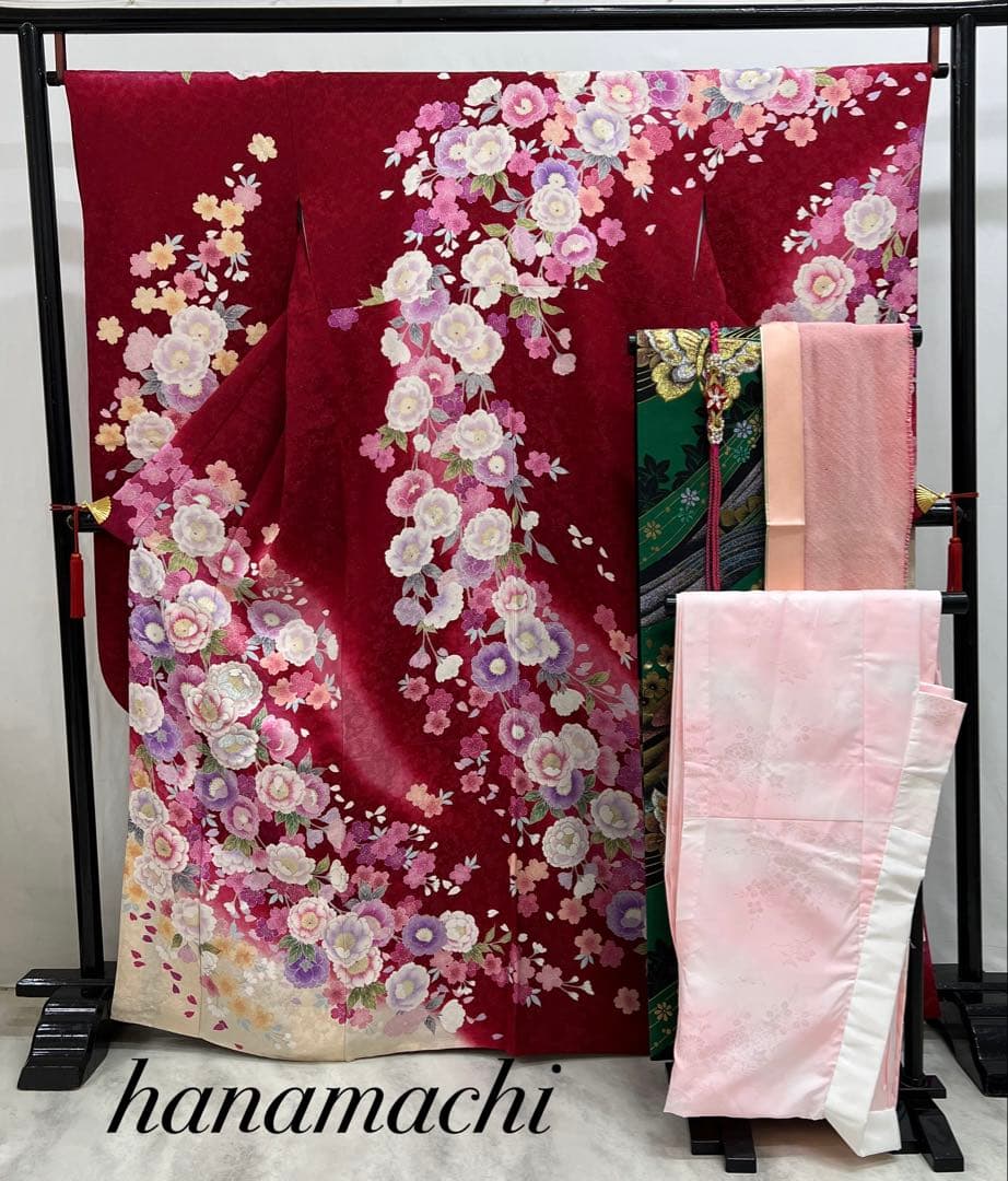 振り袖　フルセット　金彩加工　長襦袢付　刺繍入り　金通し　赤　花　664