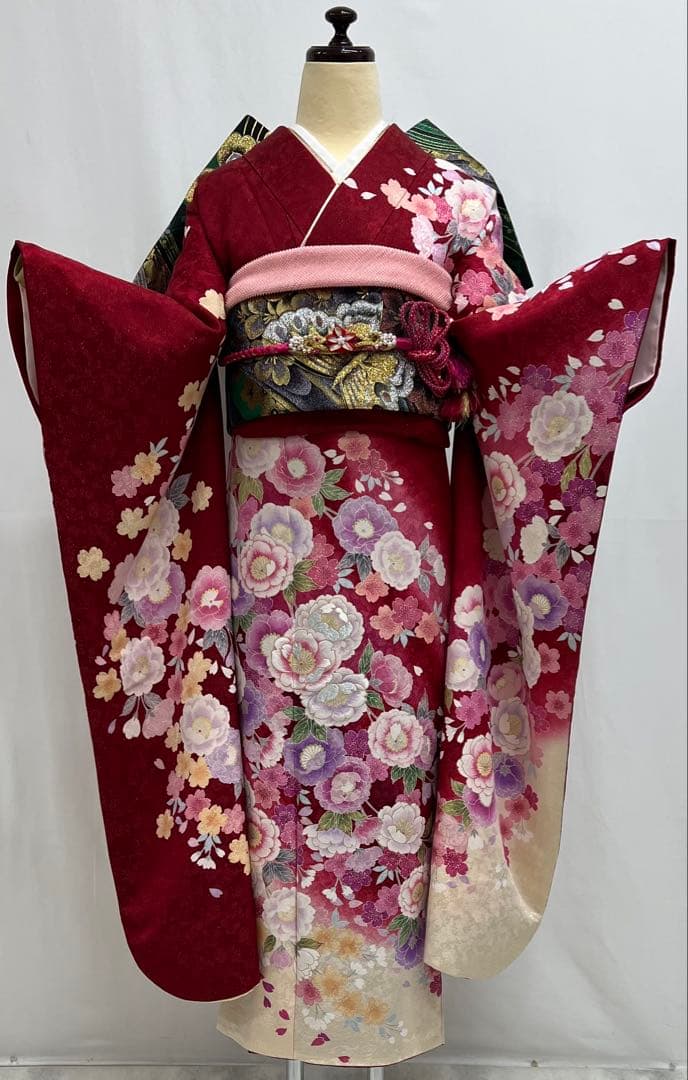 振り袖　フルセット　金彩加工　長襦袢付　刺繍入り　金通し　赤　花　664
