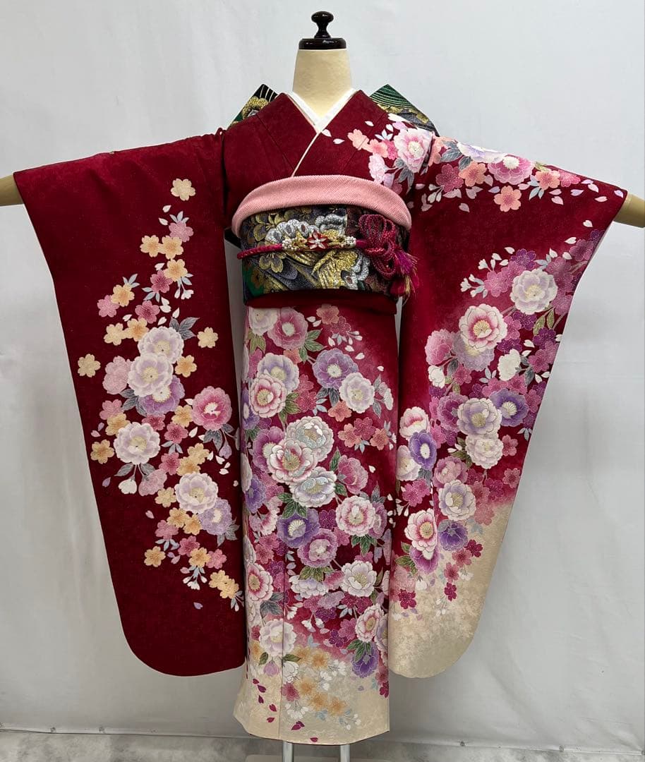 振り袖　フルセット　金彩加工　長襦袢付　刺繍入り　金通し　赤　花　664