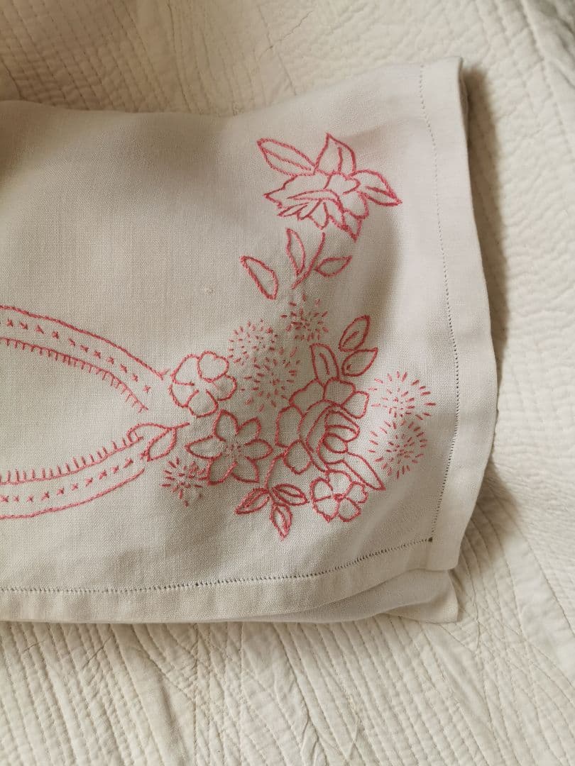 アンティークフランス 薔薇紫陽花赤糸刺繍 ランジェリーケース リネンピローカバー