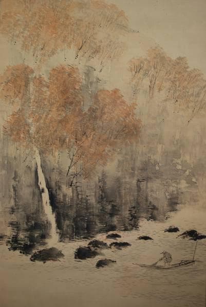 真作/白帆/秋景漁捕図/布袋屋掛軸B-134