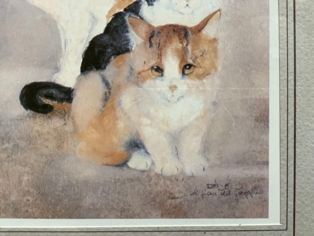 新品ドマンイタリア製インテリアアート額装複製画水彩画クロシロ猫ハチワレ茶白猫の絵