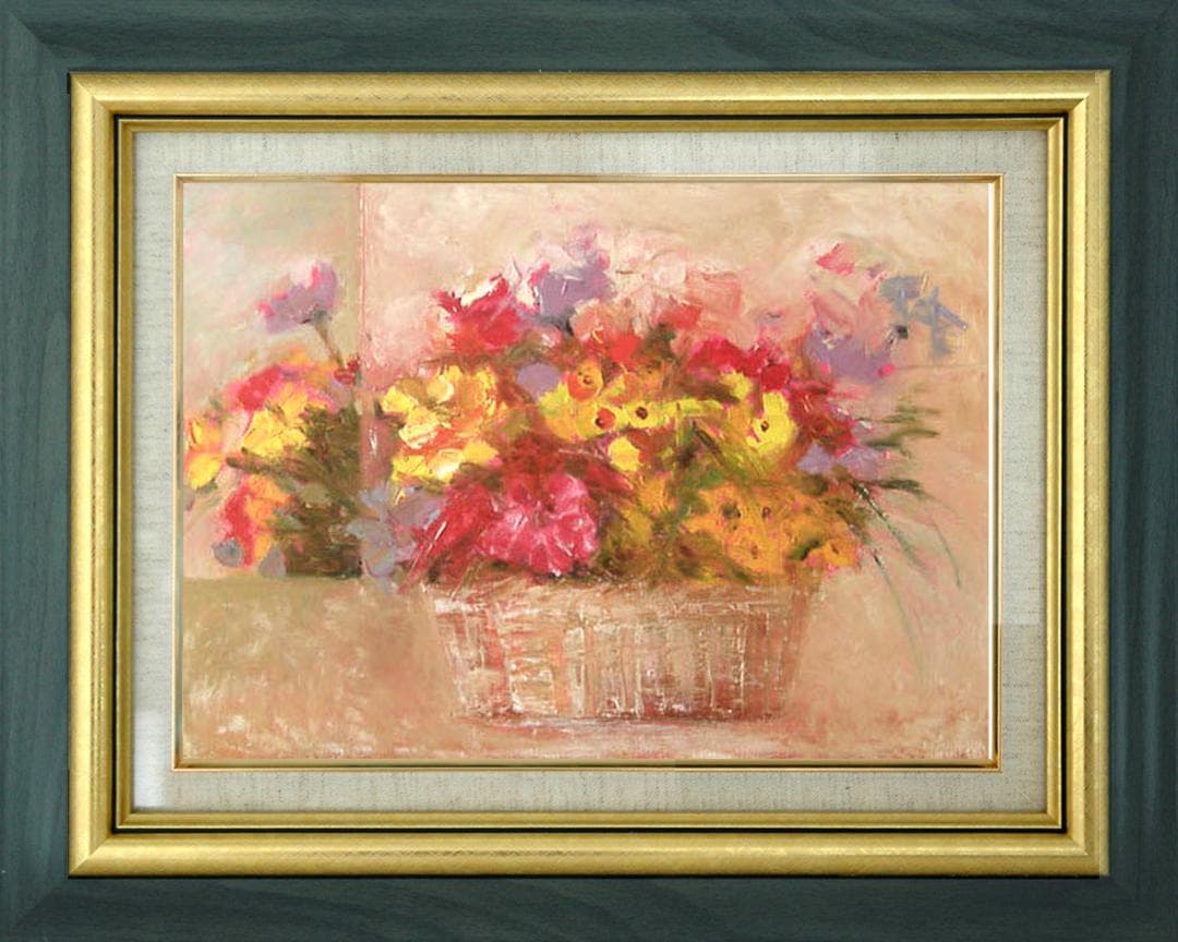 油絵 菅家令子 絵 絵画インテリア額付(青緑＋金色の枠) uF6-110302花