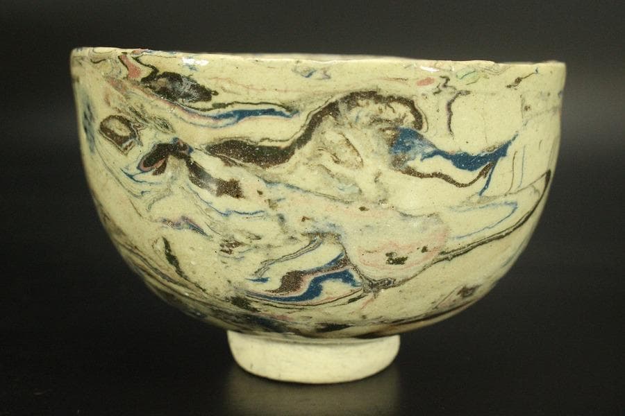 茶道具 唐九郎作 練込茶碗 「銘 雅静」 仕覆付 共箱(メ1465)