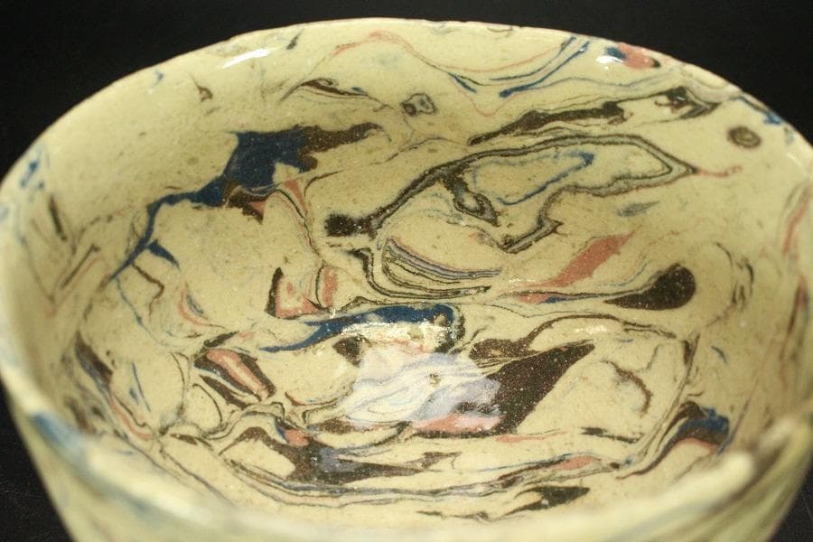 茶道具 唐九郎作 練込茶碗 「銘 雅静」 仕覆付 共箱(メ1465)