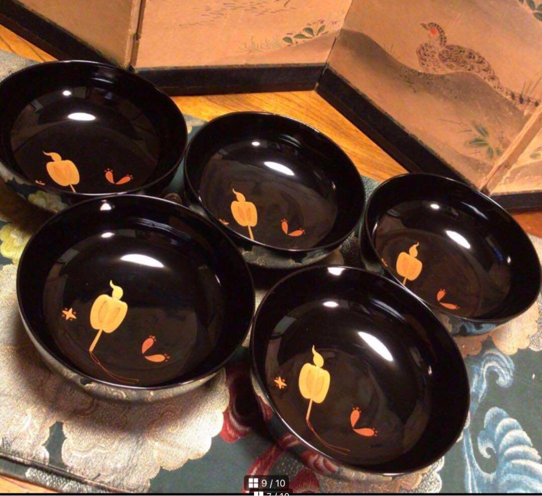 A852 木製輪島塗　　　高級黒塗　宝尽紋様蒔絵　吸物椀　　煮物椀　　5客