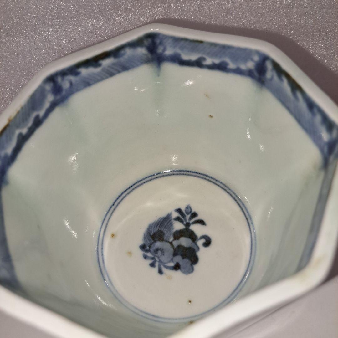 骨董　柿右衛門　藍柿右衛門　濁手　古伊万里　八角蕎麦猪口　岩牡丹文　角渦福