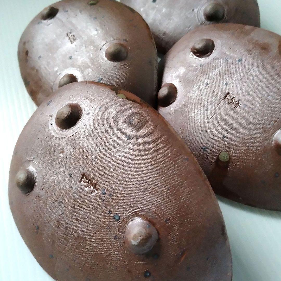 ① 備前焼 北大路魯山人写し たたき皿 三つ足 舟形 長皿 和食器 足付き 4客